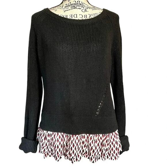 Maje Size M Black Linen Cotton Knit Peplum Hem Crewneck Sweater - Picture 1 of 5